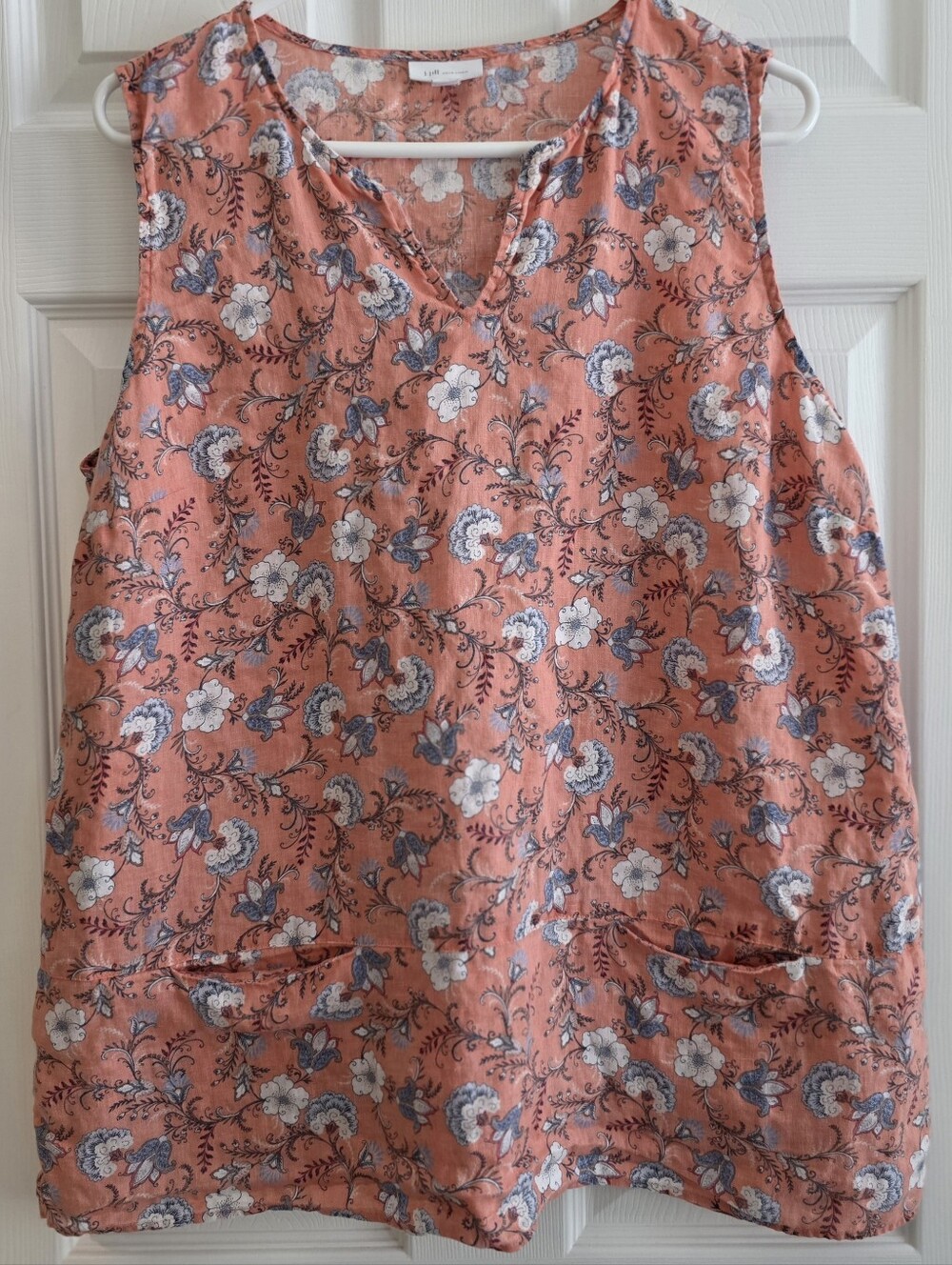 J Jill Love Linen Large Peach Floral Tank Top Sleeveless V-Neck